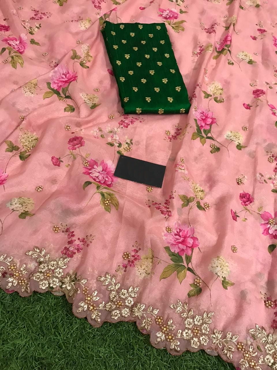 Phenomenal Pink Color Super Organza Designer Digital Printed Stone Embroidered Work Saree Blouse For Wedding Wear
