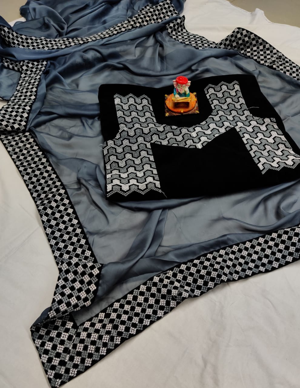 Fabulous Grey Color Embroidered Cross Stitched Velvet Border Work Rangoli Silk Festive Wear Saree Blouse Designer