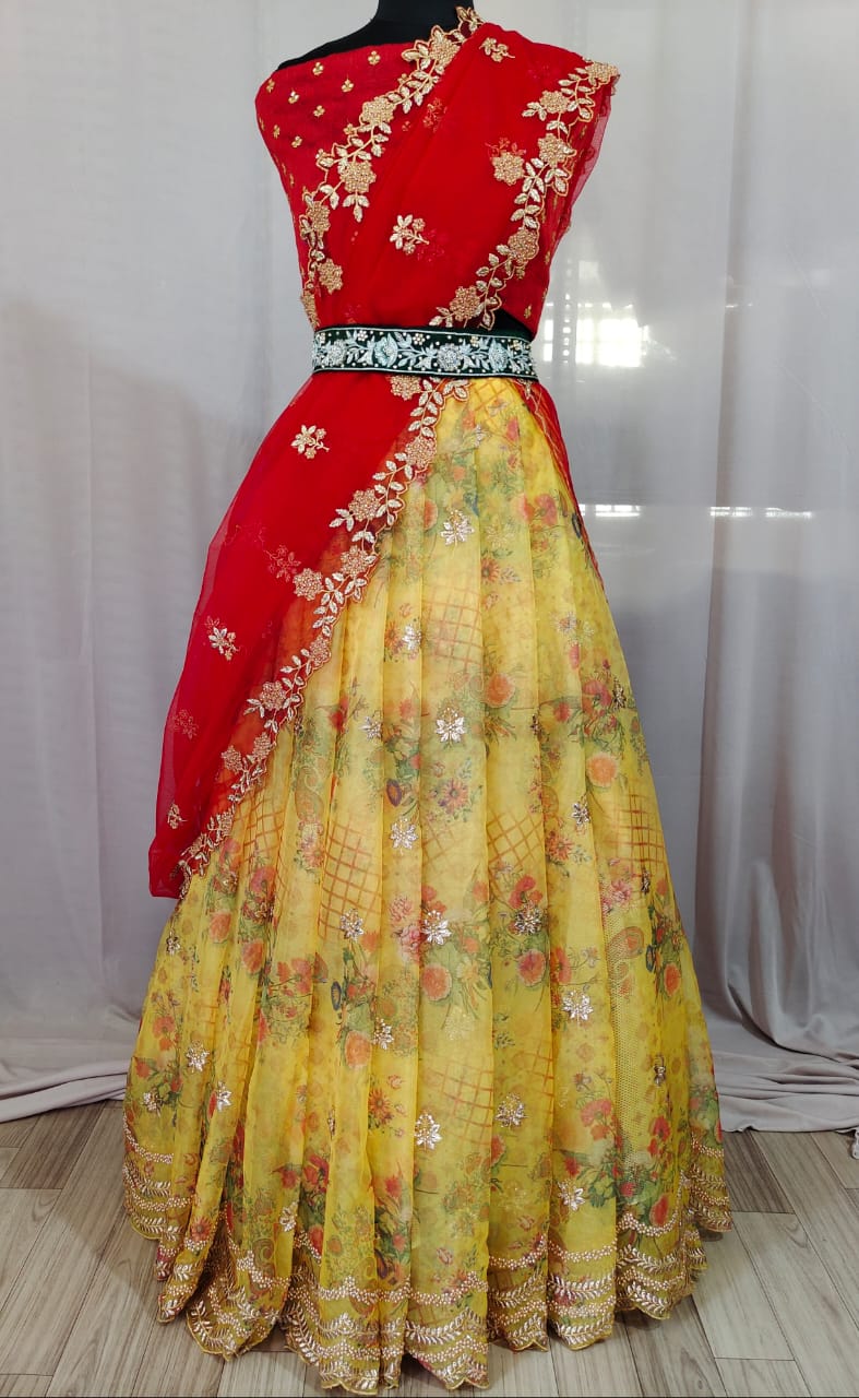 Sensational Organza Stone Digital Printed Embroidered Cut Work Organza Design Lehenga Choli