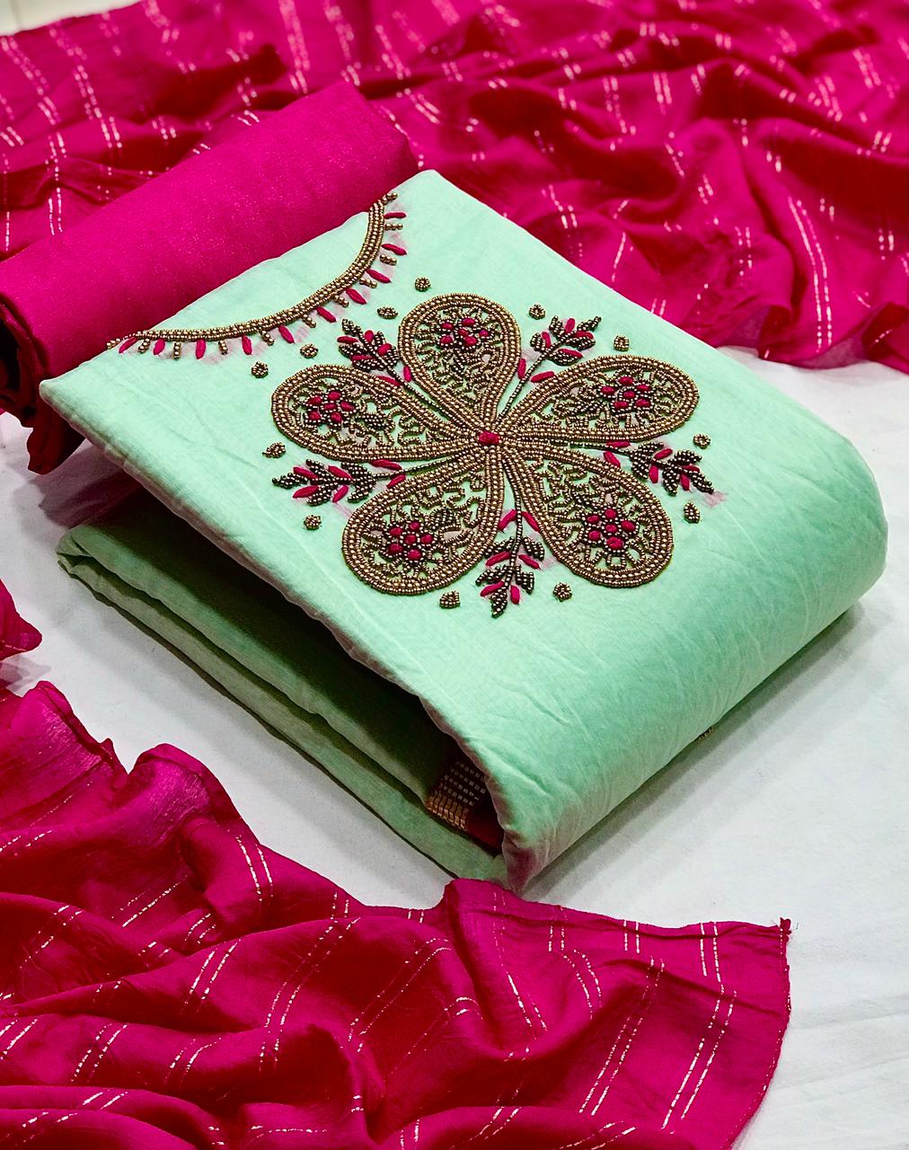 Dazzling Sea Green Color Party Wear Chanderi Silk Hand Work Designer Salwar Kameez