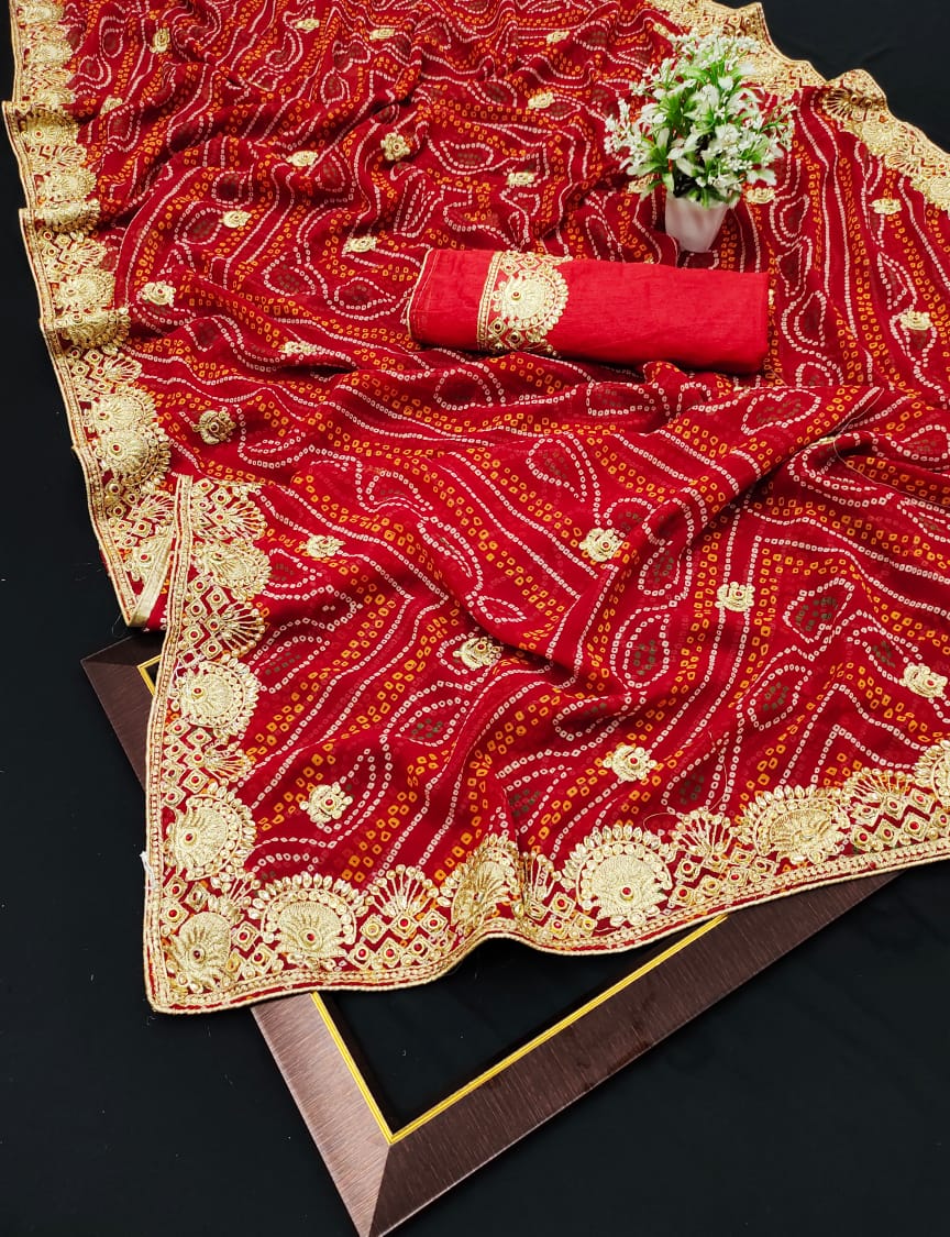 Function Wear Maroon Color All Over Moti Kundan Work Fancy Bandhani Georgette Saree Blouse For Women