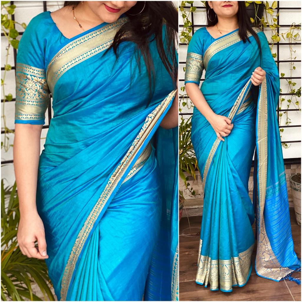 Party Firozi Color Fancy Jacquard Border Sana Silk Wedding Wear Designer Saree Blouse for women
