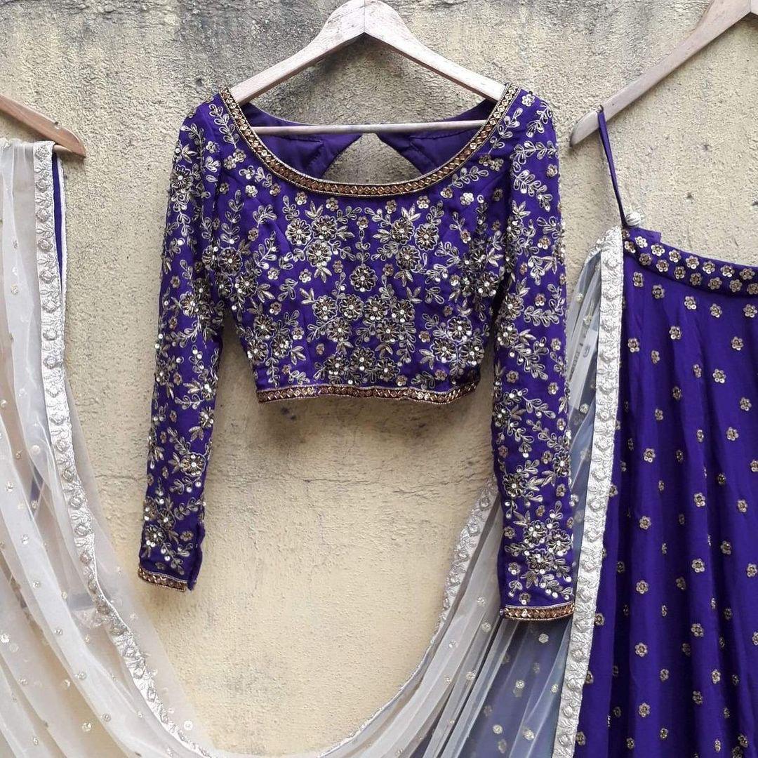 Festive Wear Violet Color Refreshing Taffeta Silk Design Embroidered Work Lehenga Choli For Girls