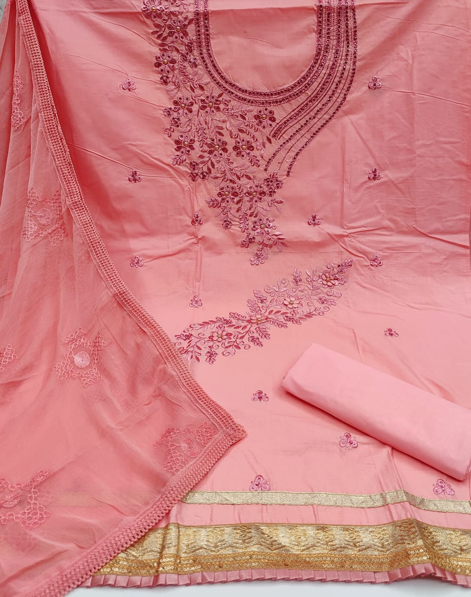 Engrossing Pink Color Smart Cotton Embroidered Fancy Work Salwar Suit For Casual Wear