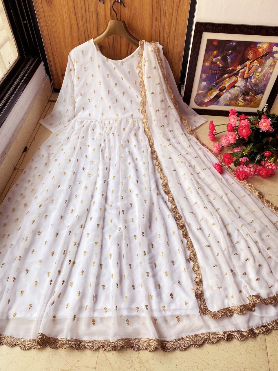 Appealing Off White Color Ready Made Georgette Designer Embroidered Stylish Work Gown Dupatta For Festive Wear