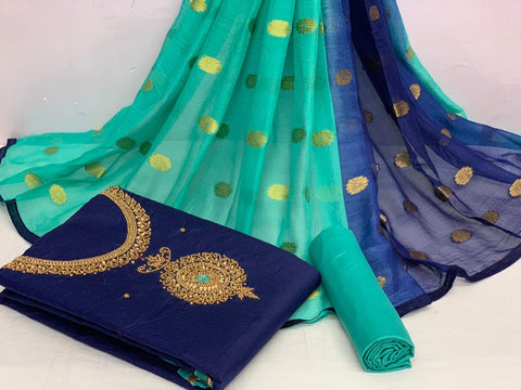 Sophisticated Navy Blue Color Festive Wear Chanderi Cotton Khatli Hand Work Dress Material for women