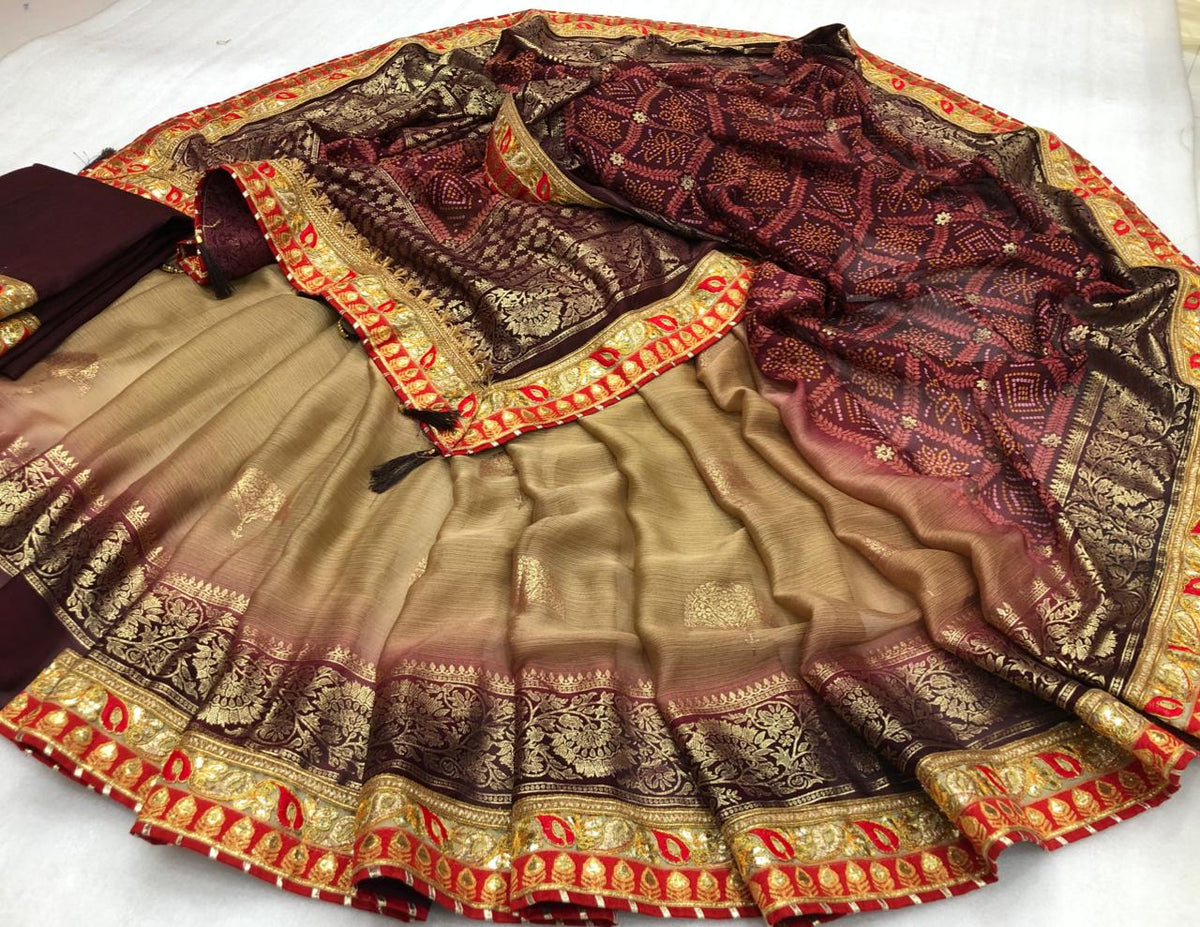 Surpassing Wine Color Designer Gotta Patti Work Fancy Chiffon Bandhani Designer Saree Blouse For Function Wear
