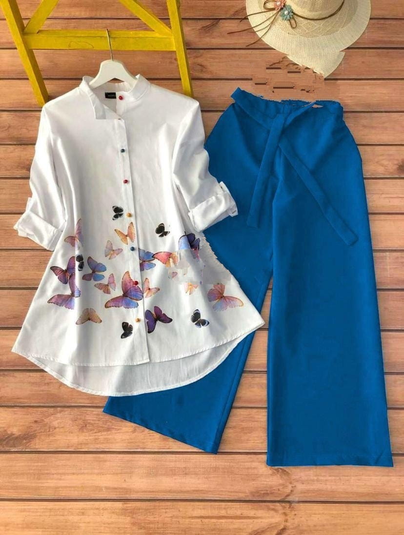 Prominent Sky Blue Color Party Wear Cotton Printed Rayon Ready Made Kurti Plazo for women