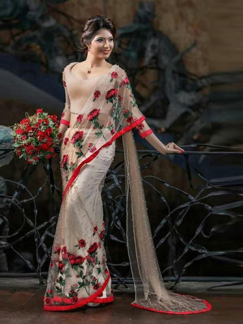 Sophisticated Off White Soft Net Rebet Moti Designer Embroidered Work All Over Designer Saree Blouse For Wedding Wear