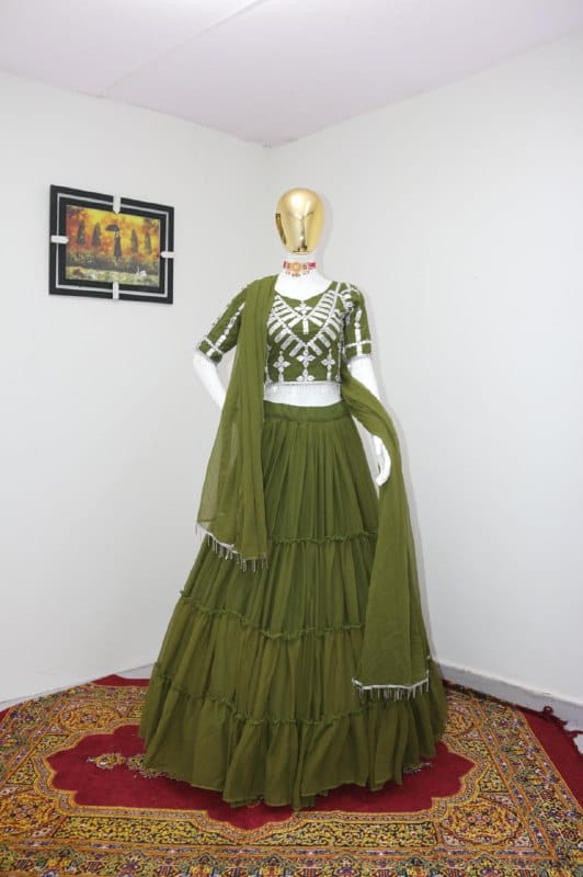 Desirable Green Color Designer Paper Mirror Embroidered Work Wedding Wear Lehenga Choli