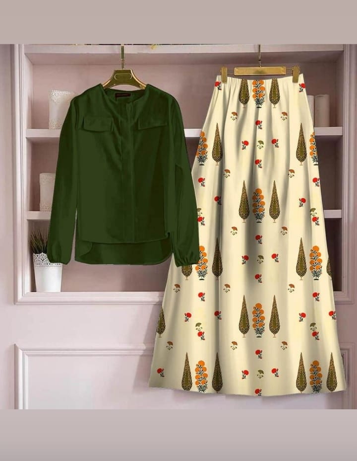 Astonishing Green Color Fancy Digital Printed Rayon Full Stitched Top Skirt For Casual Wear