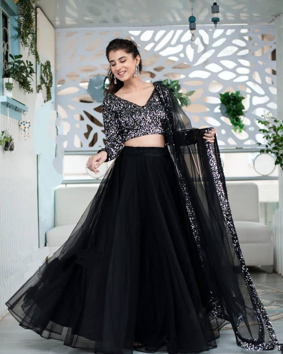 Breath taking Black Color Wedding Wear Nylon Net Sequence Work Full Stitched Lehenga Choli