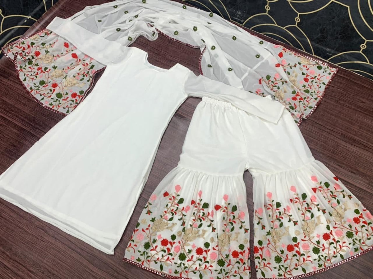 Appealing White Color Party Wear Georgette Chine Stitched Work Salwar Suit For Women