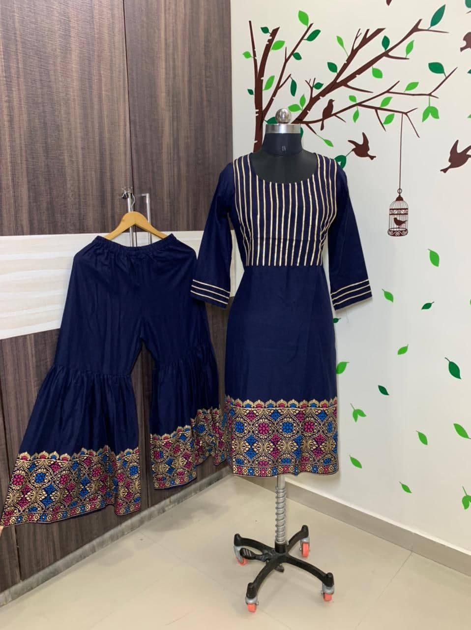Adorable Navy Blue Color Ready Made Golden Printed Gotta Patti Work Plazo Sharara