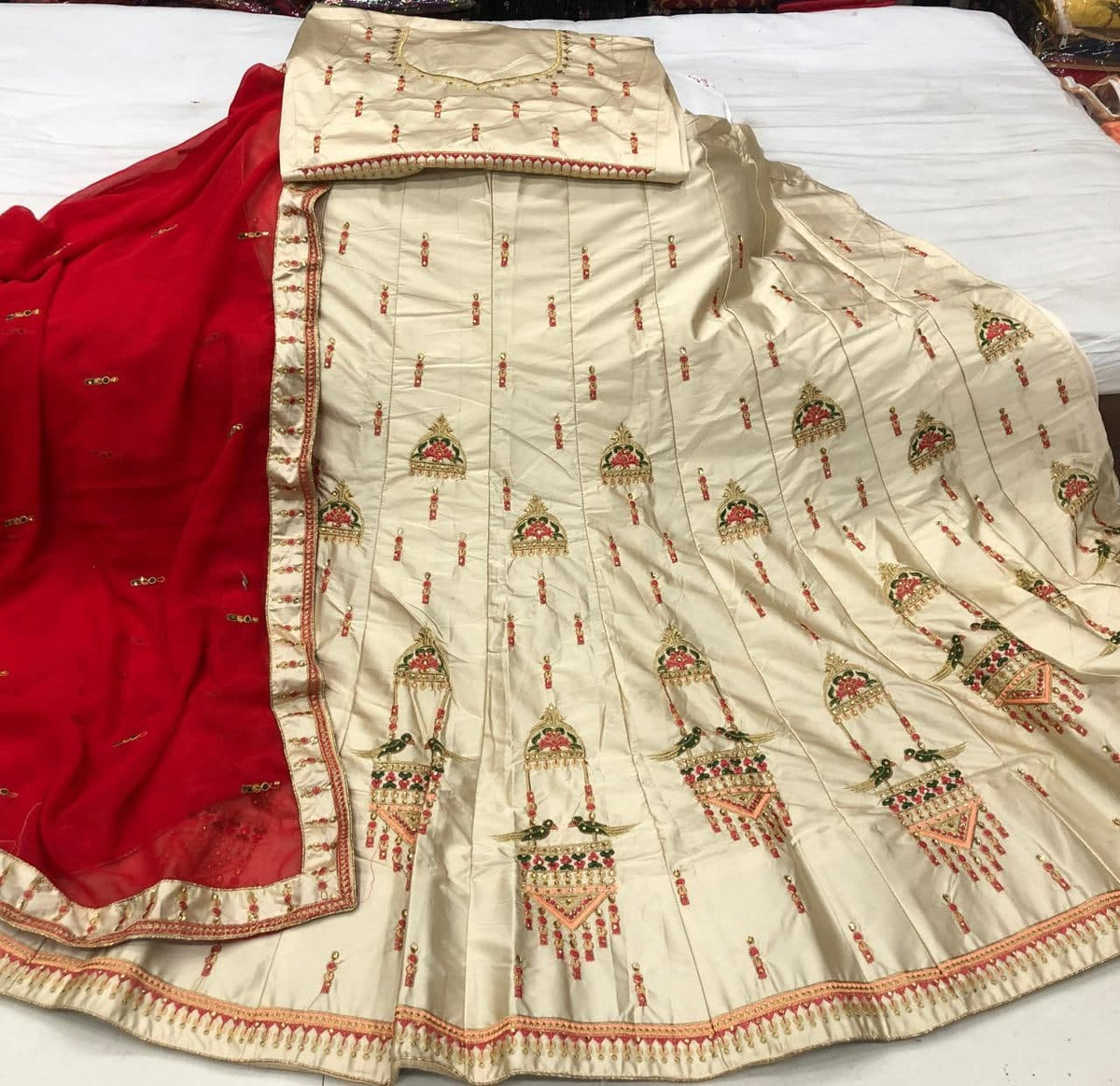 Glourious Cream Color Designer Thread Work Satin Wedding Wear Lehenga Choli