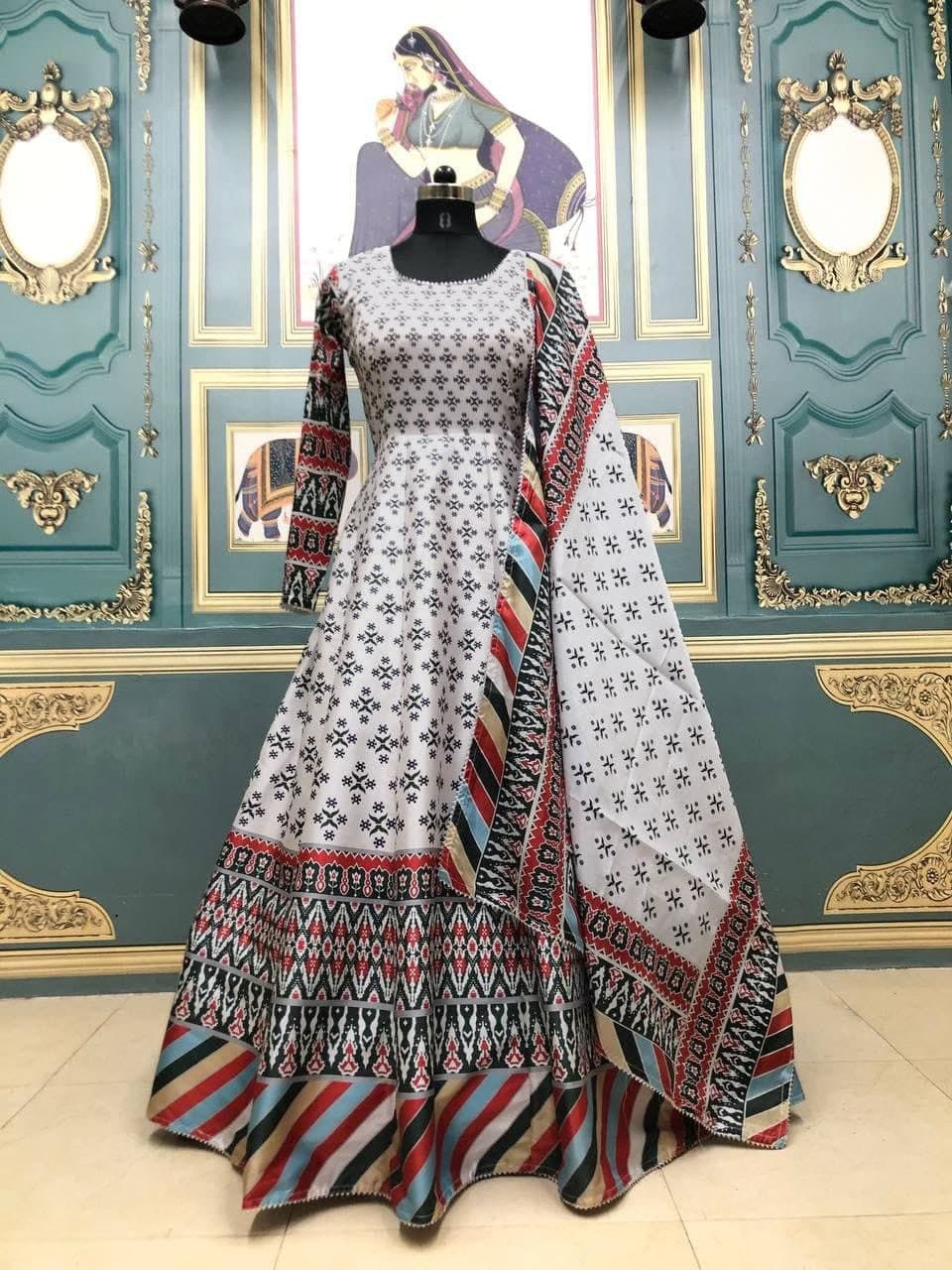 Blooming Off White Color Festive Wear Taffeta Digital Printed Ready Made Gown Dupatta