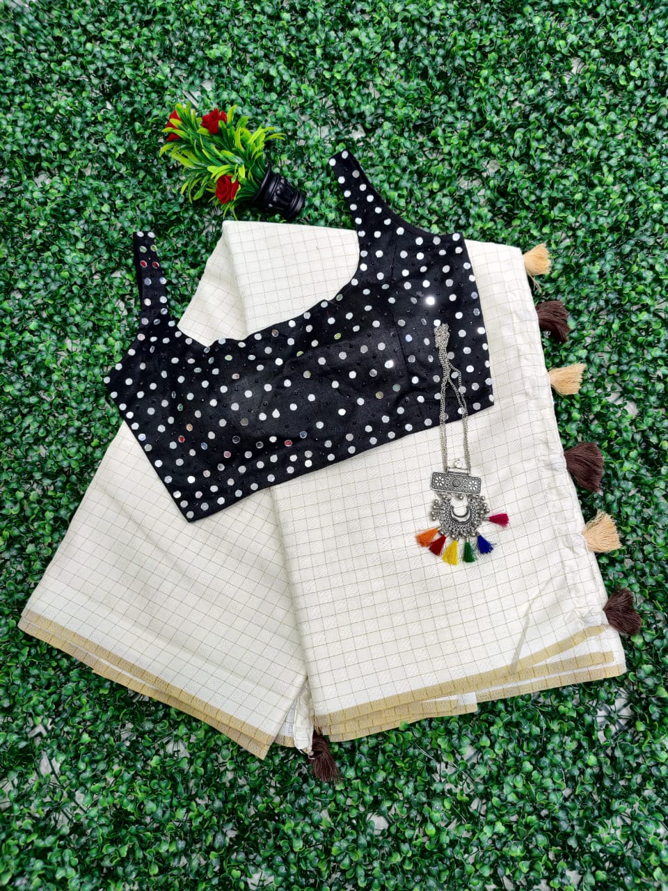 Astounding Cream Color Designer Function Wear Tussel Attached Jute Cotton Silk Designer Saree Fancy Full Stitched Blouse for women