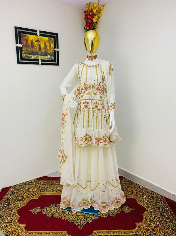 Opulent Off White Color Georgette Fancy Embroidered Mirror Work Sharara Suit