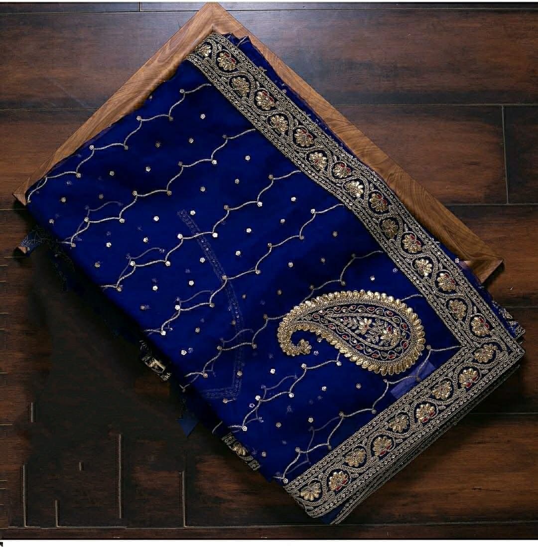 Adorable Royal Blue Color Organza Embroidered Sequence Work Saree Blouse