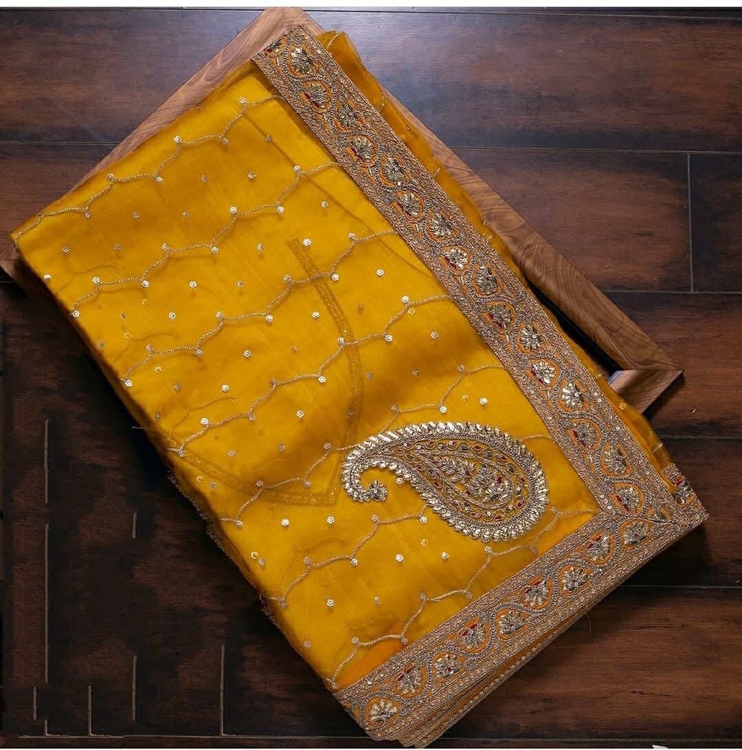 Party Wear Yellow Color Organza Embroidered Work Saree Blouse