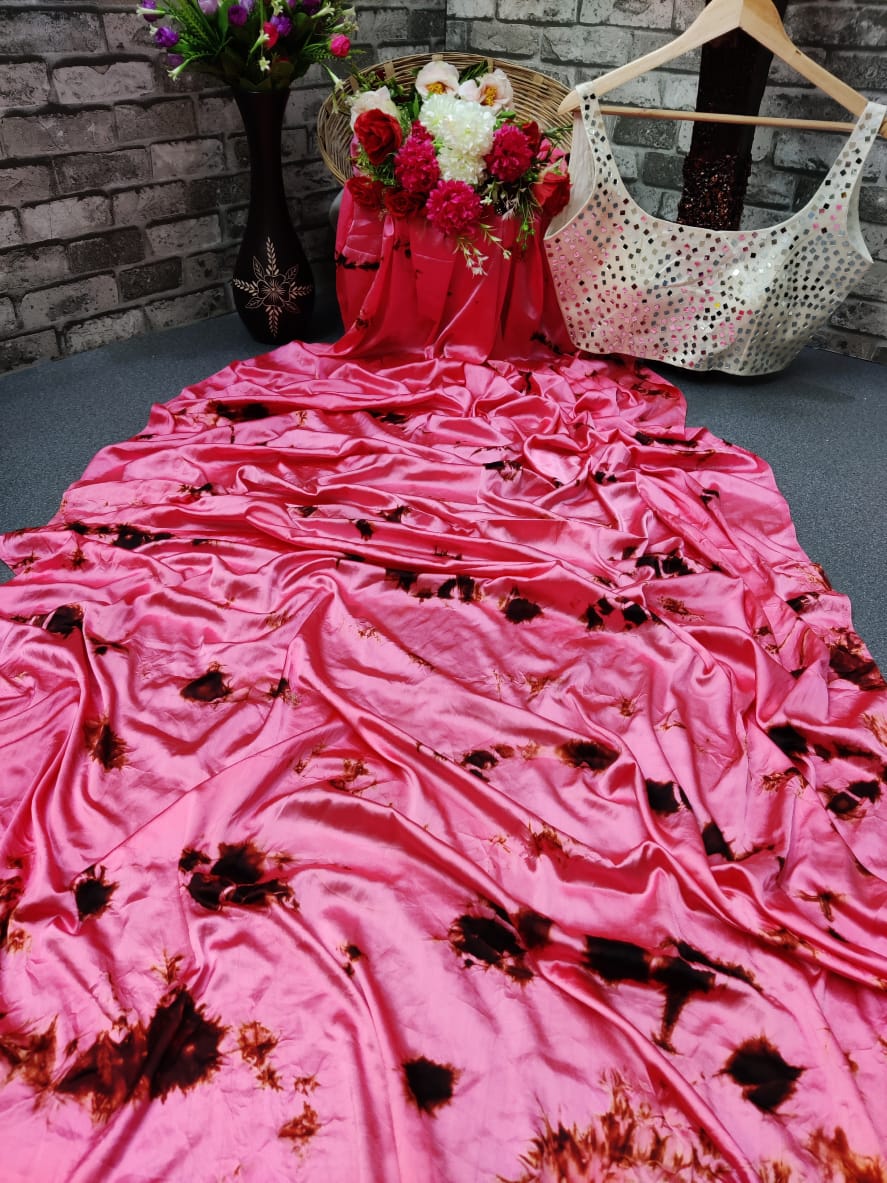 Spectacular Wear Pink Color Beautiful Printed Nylon Silk Designer Saree Full Stitched Blouse Online