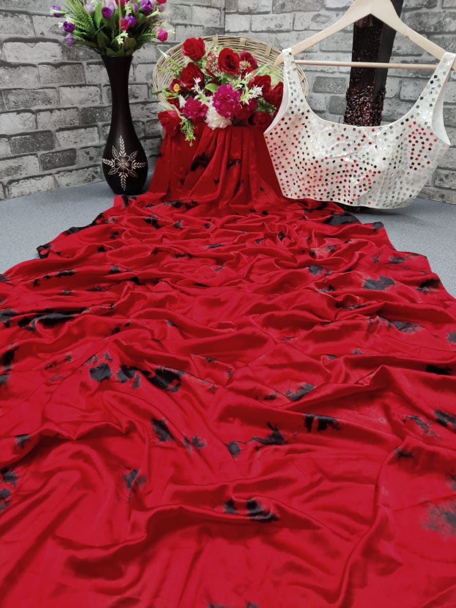 Magnetic Red Color Nylon Silk Printed Beautiful Designer Saree Ready Made Blouse For Function Wear
