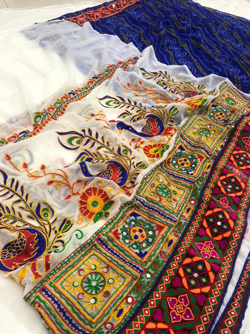 Alluring White Color Function Wear Real Mirror Katchi Embroidered Cotton Thread Stone Work Designer Saree Blouse for women
