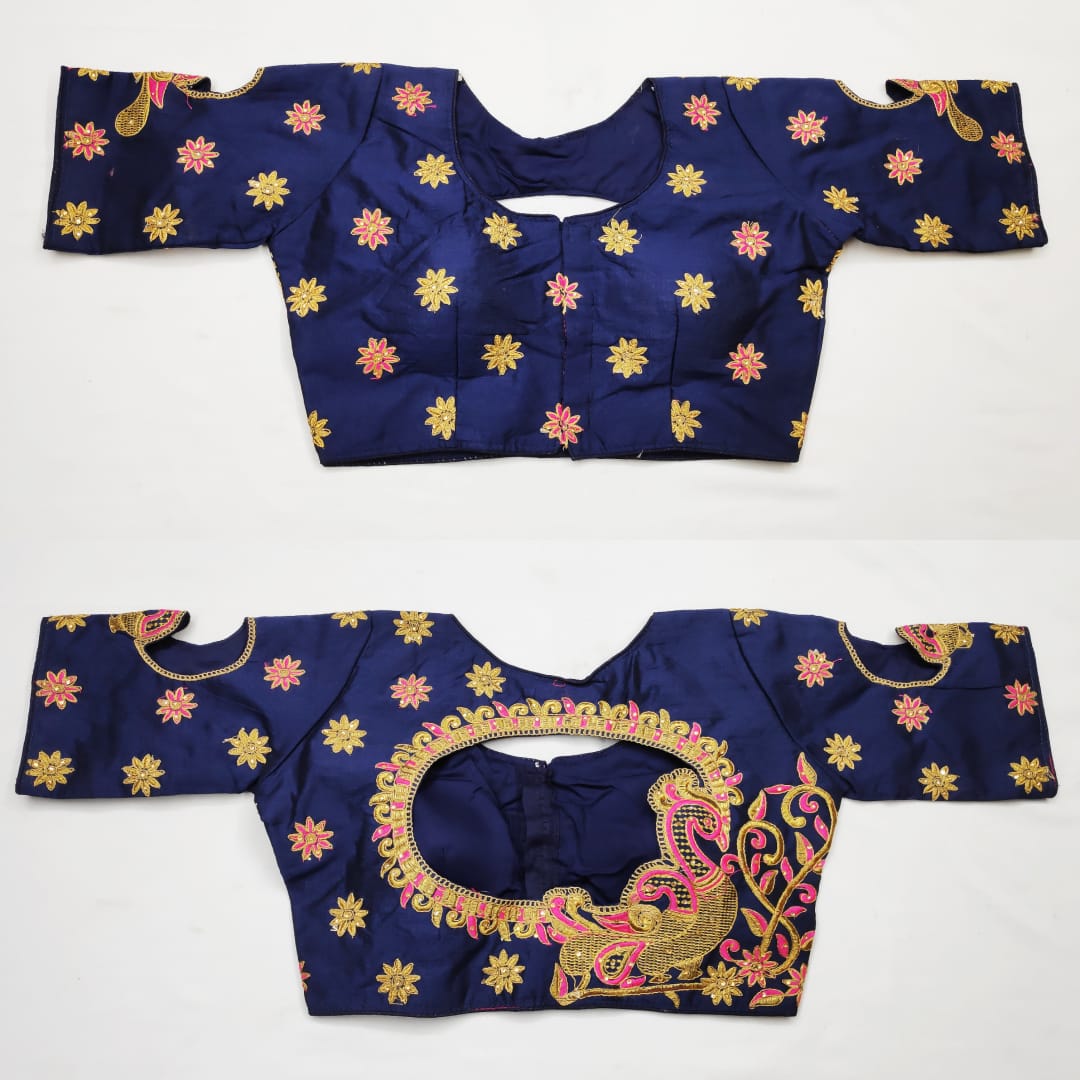 Captivation Navy Blue Color Designer Fantom Silk Thread Zari Embroidered Stone Work Ready Made Blouse For Women