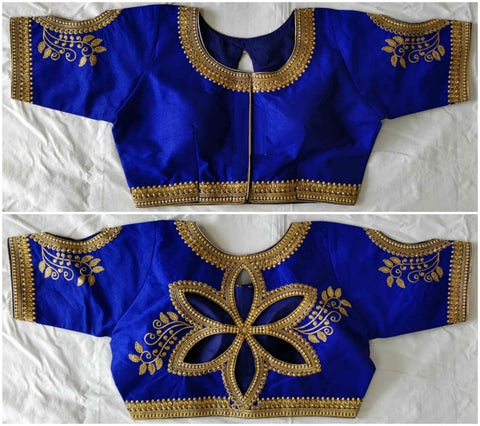 Fabulous Royal Blue Color Ready Made Fantom Silk Zari Thread Stone Embroidered Cut Work Function Wear Blouse