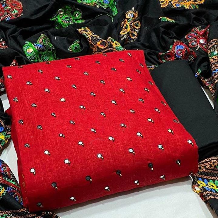 Desirable Red Color Designer Cotton Fancy Mirror Work Salwar Suit For Party Wear