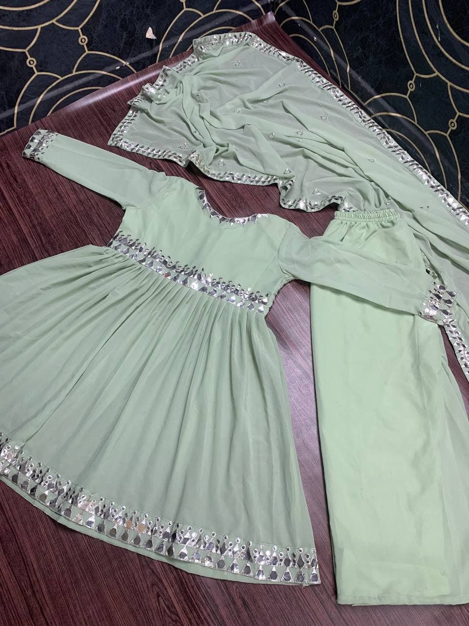 Attractive Light Green Color Mirror Work Georgette Plazo Salwar Suit