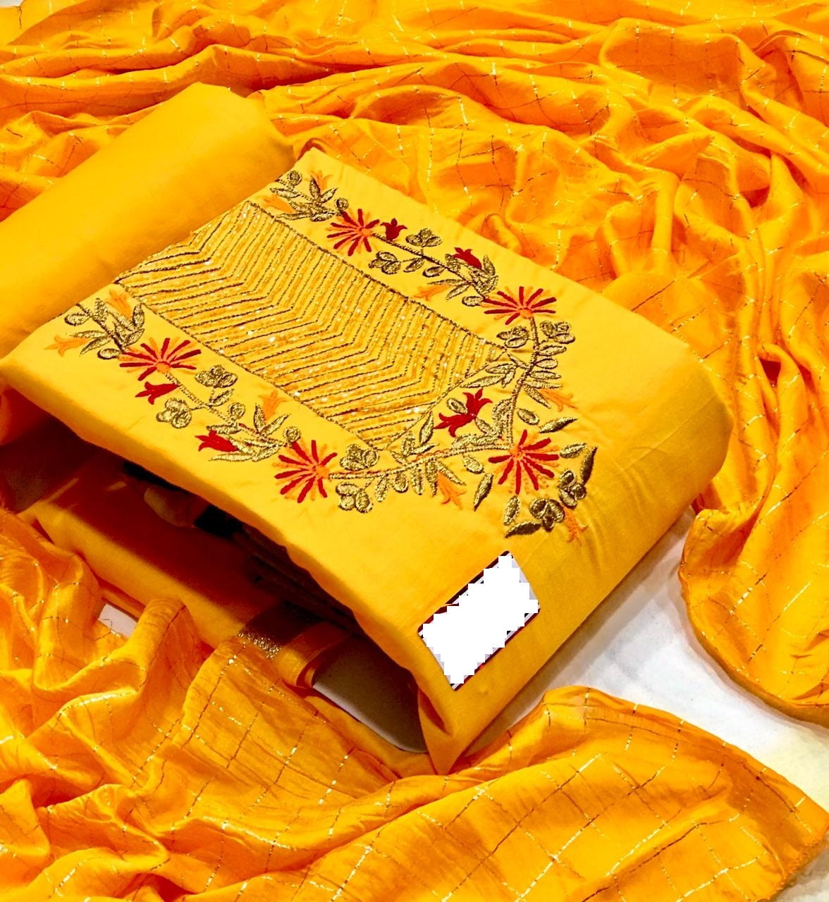 Designer Slub Cotton Embroidered Unstitched Salwar Suit