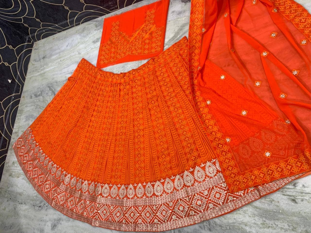 Alluring Orange Color Wedding Wear Georgette Chine Stitched Work Lehenga Choli