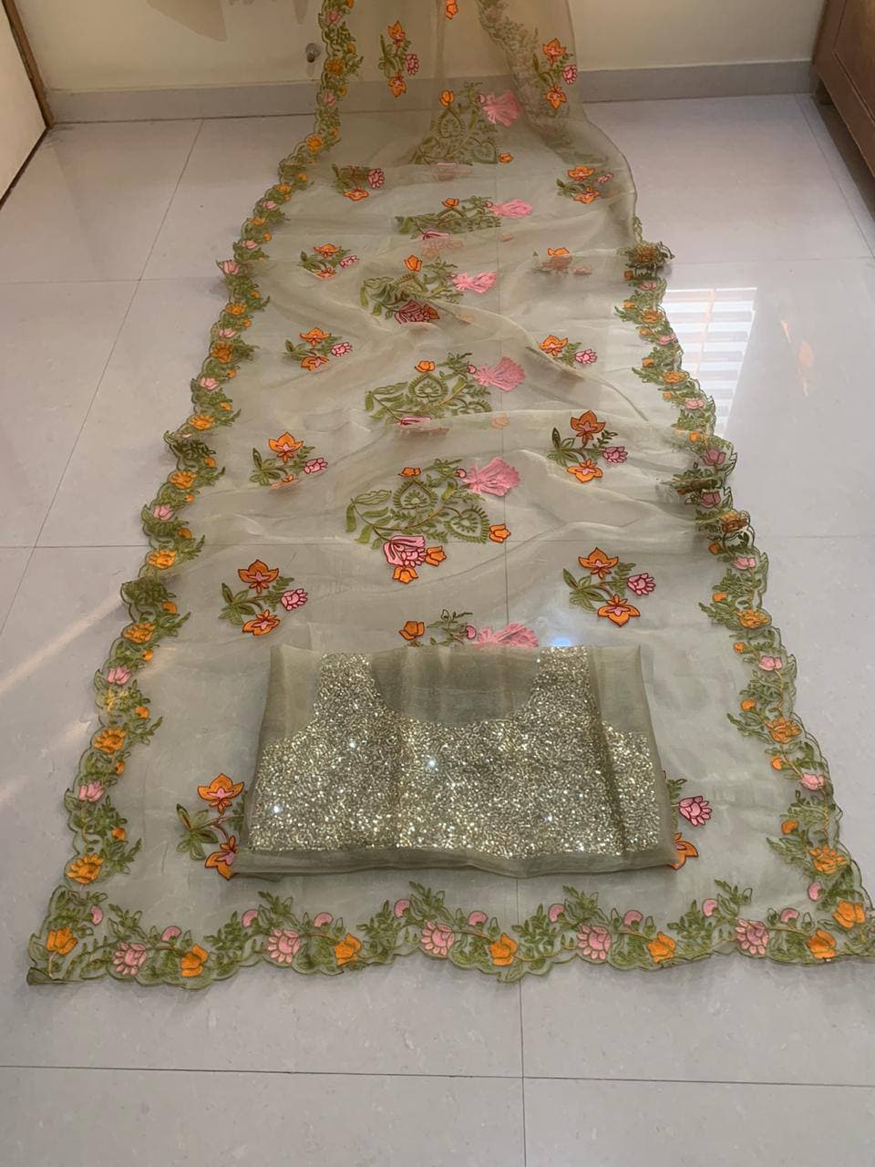 Glamorous Sea Green Color Chine Stitched Work Party Wear Organza Saree Blouse