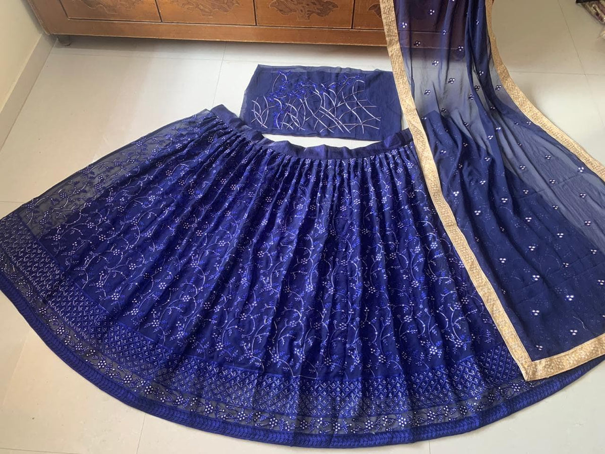 Magnetic Navy Blue Color Occasion Wear Georgette Chine Stitched Work Lehenga Choli