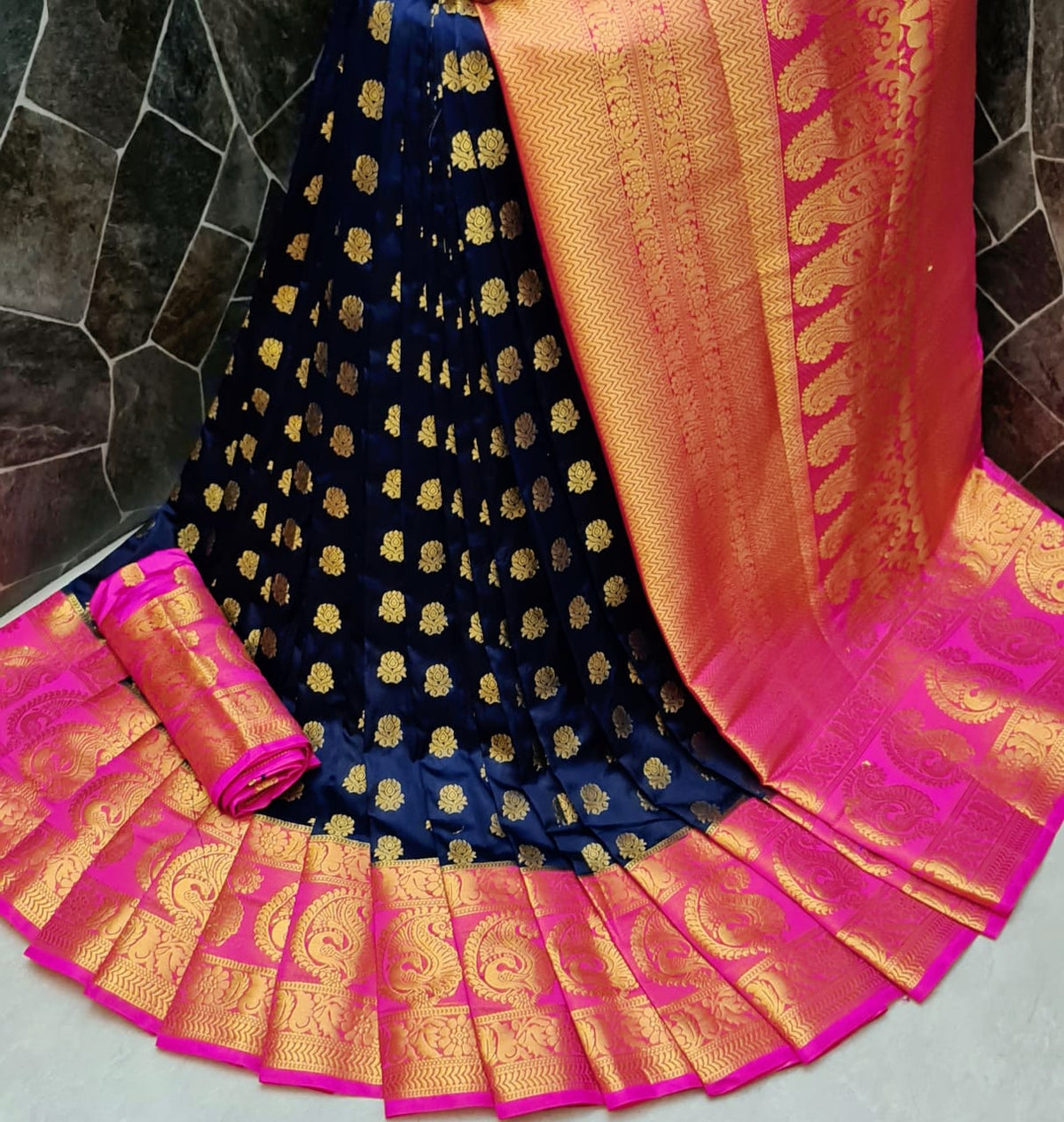 Glorious Party Wear Dark Blue Color Silk Nylon Dying Material Grand Pallu Saree Blouse