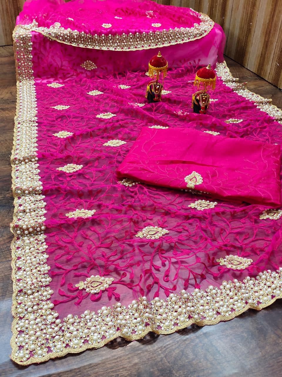 Stunning Magenta Color Occasion Wear Net Embroidered Work Saree Blouse