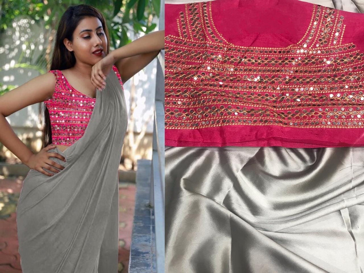 Knockout Grey Color Festive Wear Japan Satin Plain Saree Plastic Mirror Stone Embroidered Work Blouse