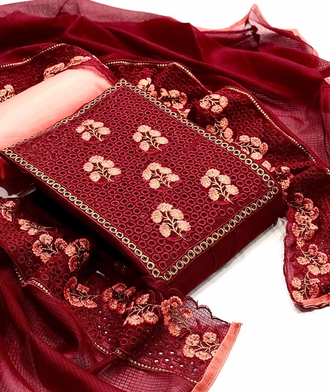 Wondrous Maroon Color Festival Wear Cut Work Fancy Checks Kota Salwar Suit