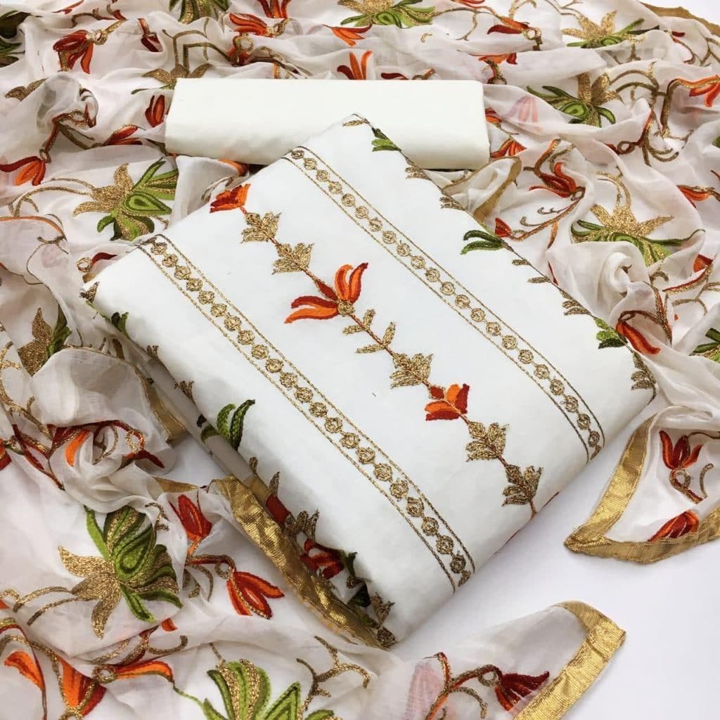 Brilliant White Color Embroidered Work Cotton Salwar Suit For Casual Wear