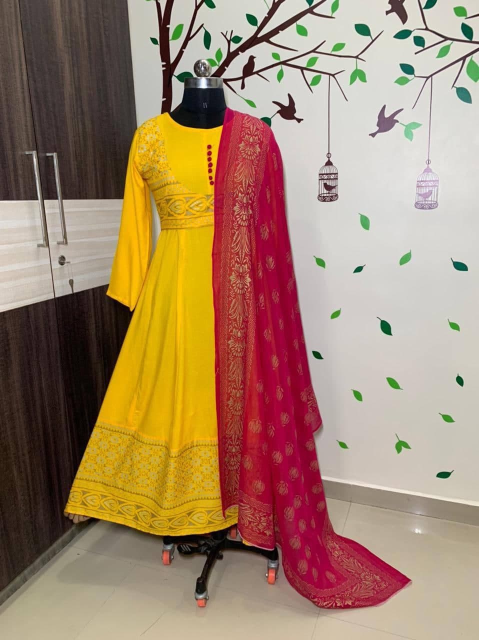 Alluring Mustard Color Function Wear Rayon Golden Printed Gown Dupatta Design