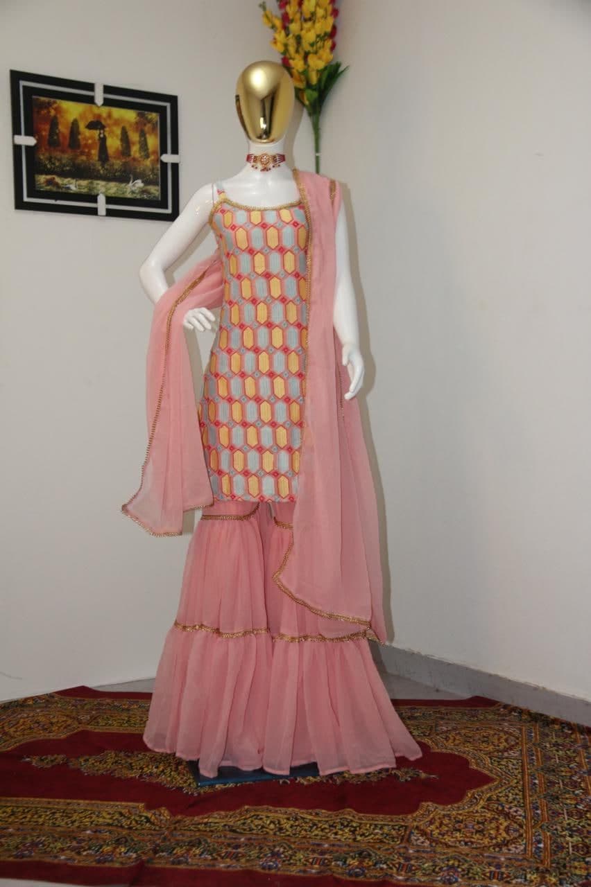 Knockout Pink Color Georgette Full Stitched Embroidered Work Sharara Salwar Suit