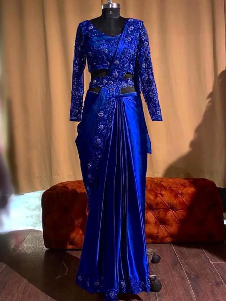 Radiant Royal Blue Color Party Wear Satin Silk Embroidered Work Saree Blouse