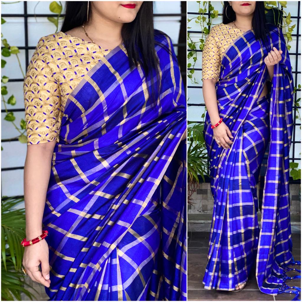 Mind-Boggling Royal Blue Color Fancy German Checks Silk Party Wear Saree Blouse