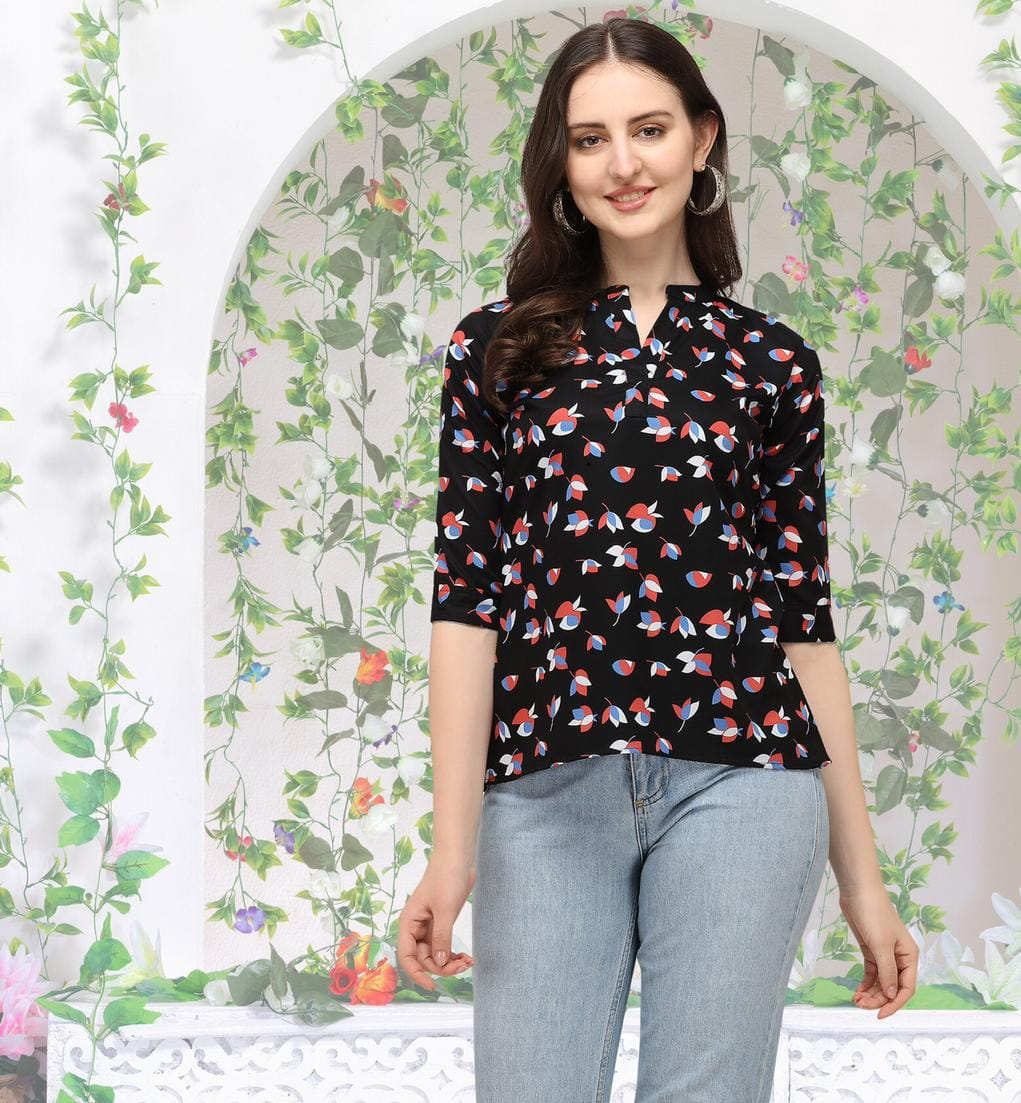 Refreshing Black Color Party Wear American Crape Digital Printed Western Wear Top