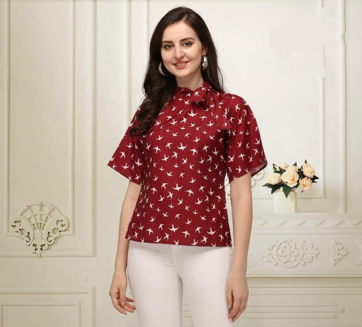 Unique Maroon Color Ready Made American Crape Printed Western Wear Top
