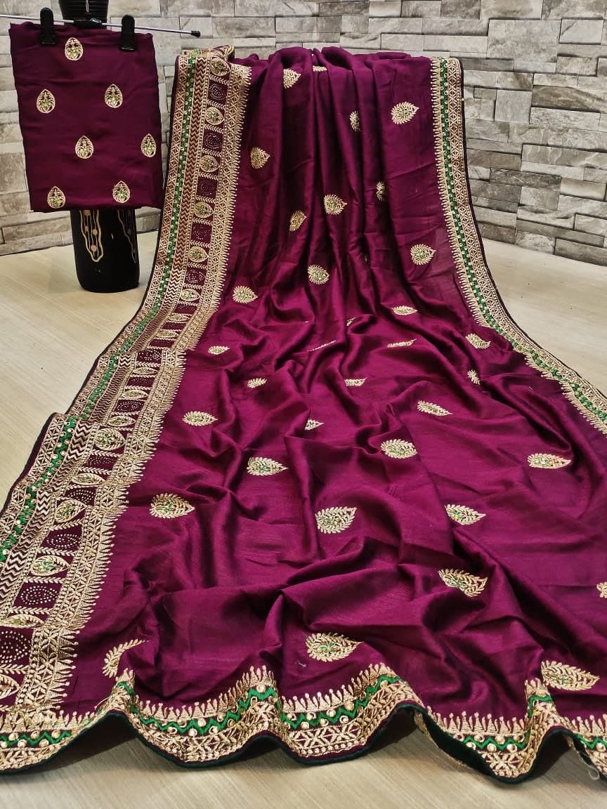 Classic Wine Color Vichitra Silk Embroidered Work Saree Blouse For Party Wear