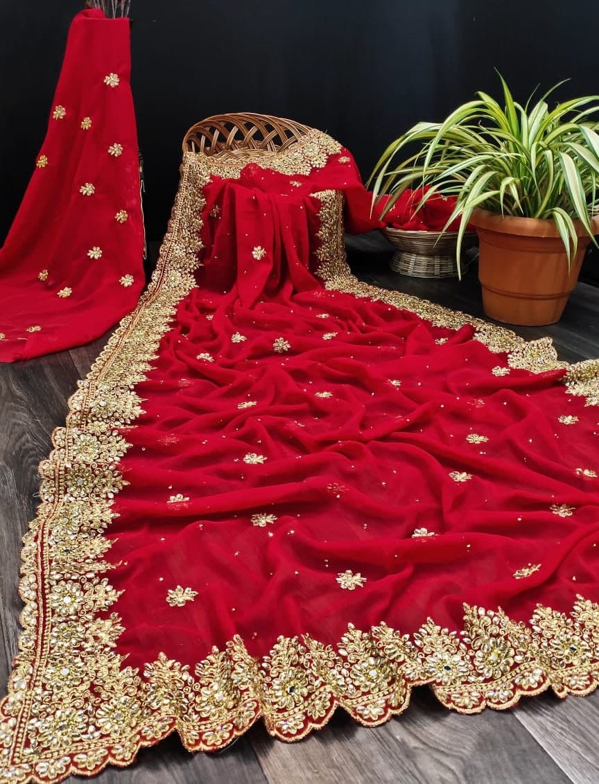 Red Color Diamond Embroidered Work Georgette Saree Blouse For Ladies
