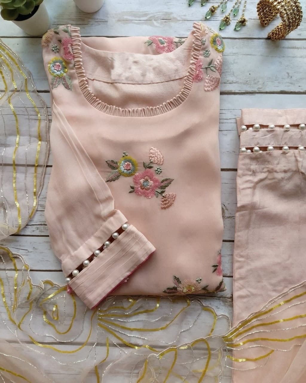 Mind-blowing Peach Color Ready Made Georgette Sequence Work Salwar Suit
