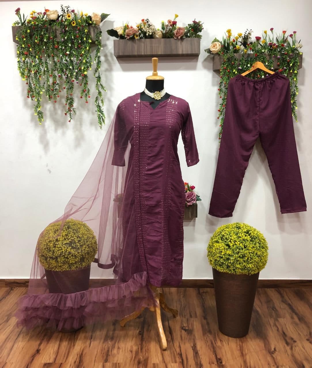Energetic Wine Color Ready Made Rayon Thread Work Salwar Suit